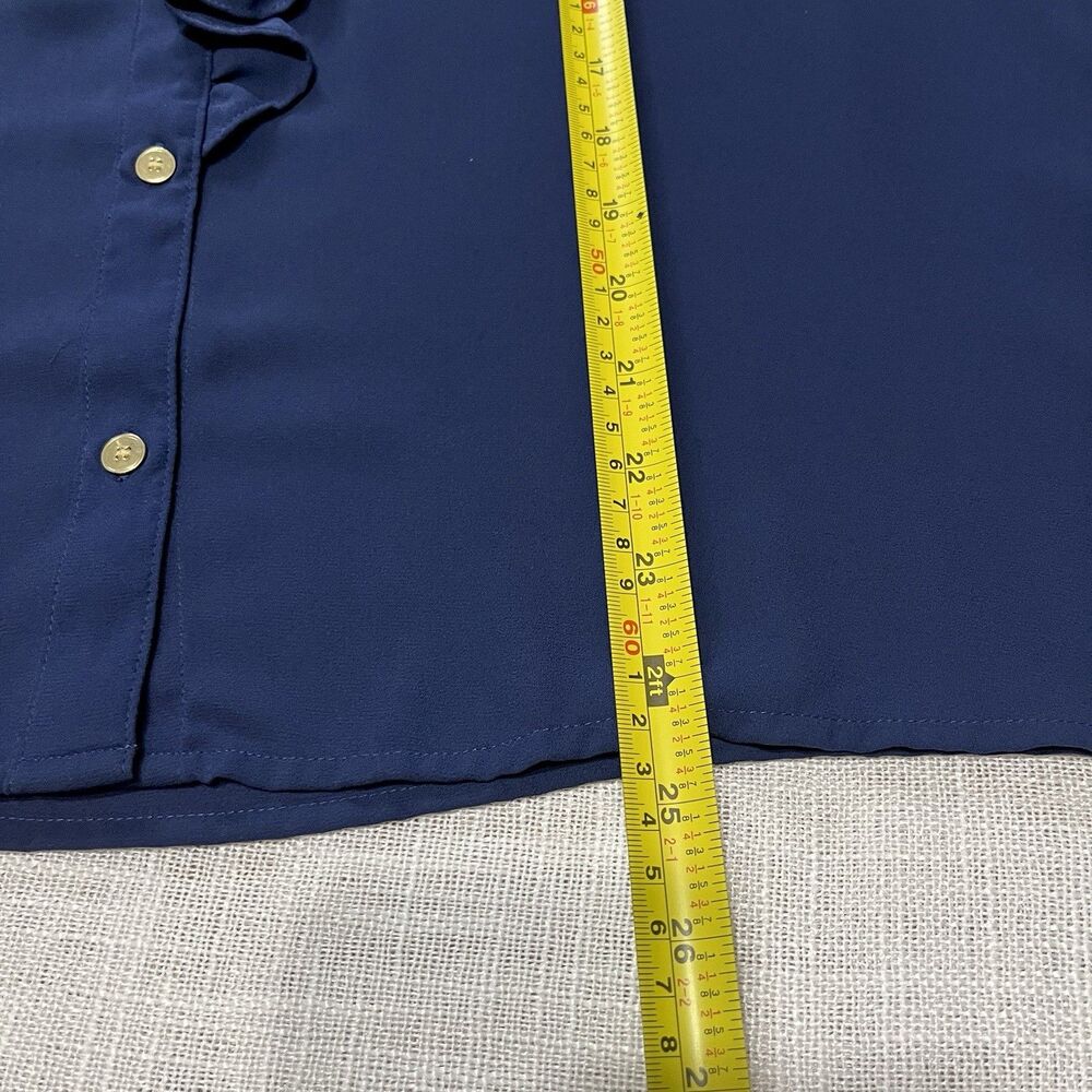 J Crew Navy Sheer Ruffle Blouse Women 12 Gold Button Long Sleeve Preppy Romantic - Picture 14 of 14
